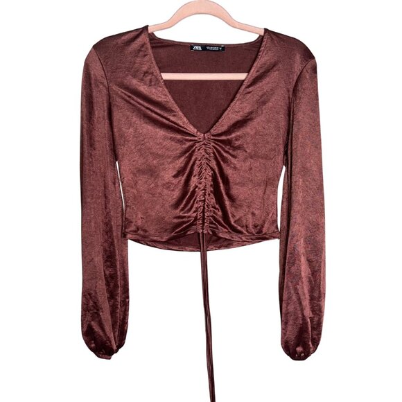 Zara Copper Satin Balloon Sleeve Ruched Blouse S - Picture 1 of 4